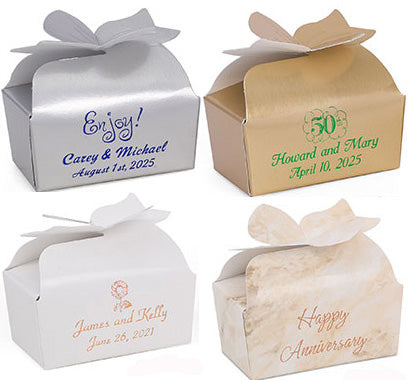 2 Piece Truffle Favor Bow Box with Custom Print - 50 piece minimum. Qty: 50+ $7.95 each / Qty: 150+ $6.75 each / Qty 200+ $6.50 each requires 25 piece increments. Priced per each box ***3 week lead time for imprinting